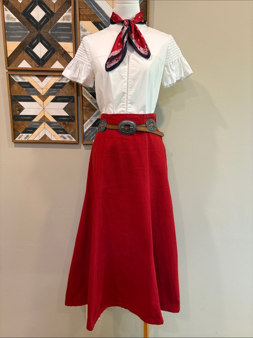 Vintage Ralph Lauren Country Western Red Cotton Long Flared Peasant Skirt size 8